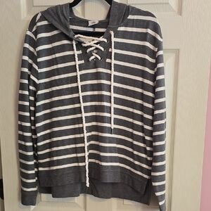 CAbi Gray & White Striped Lace-Up Hoodie Sweater